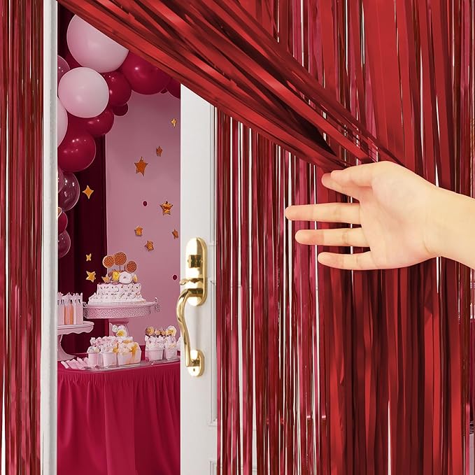 2 Pack Red Fringe Backdrop, 3.2x8.2ft Shining Foil Tinsel Curtains, Birthday Party Decorations Door Streamers for Halloween, Christmas, Wedding, Graduation, Holiday, Theme Events