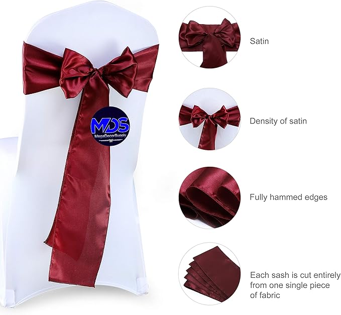 MDS Pack of 25 PCS Satin Chair Sashes Charmeuse Sateen Dining Chair Bows Ribbon Ties Back Sash for Wedding Party Birthday Home Hotel Restaurant Banquet Decoration (7 x 108 Inch, Maroon)