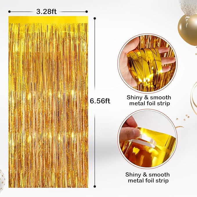 2 Pack Gold Metallic Tinsel Foil Fringe Curtains, Door Streamers Photo Booth Backdrop for Birthday Party, Tinsel Curtain Backdrop for Baby Shower Bachelorette Christmas Party Decorations