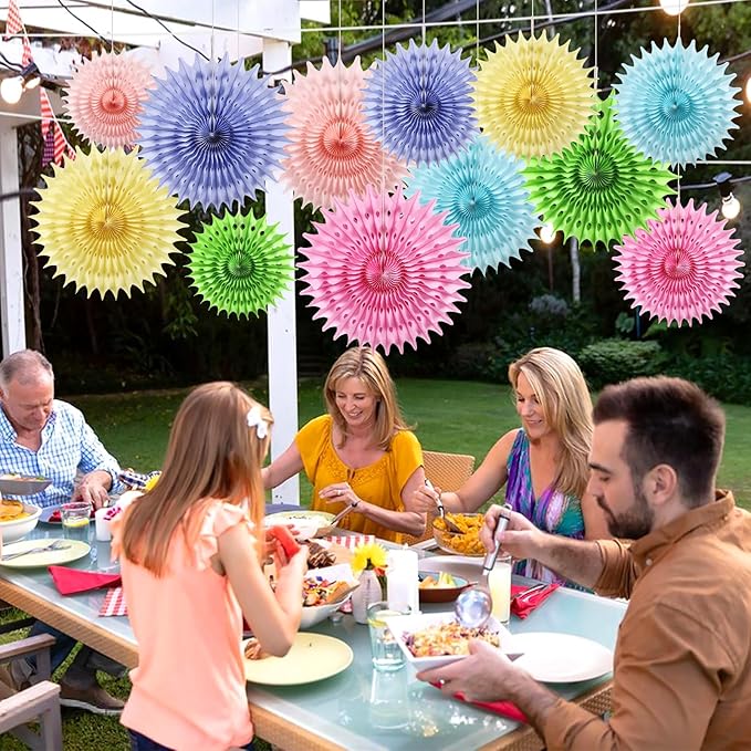 12PCS Paper Fans Pastel Rainbow Colorful Party Decorations Tissue Paper Flowers Decorations for Girl Groovy Birthday Baby Shower Wedding Bachelorette Room Wall Hanging Décor