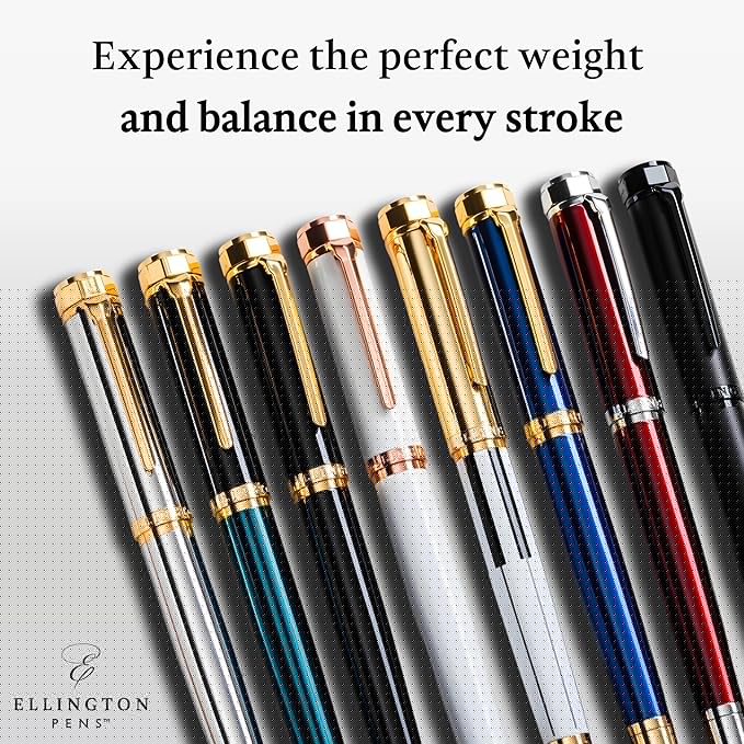Ellington Pens Luxury Fountain Pen Set- Fountain Pens for Writing - Smooth Medium Nib - Includes Refillable Ink Converter, 3 Ink Cartridges [Black & Blue], Gift Box - Elegant Calligraphy