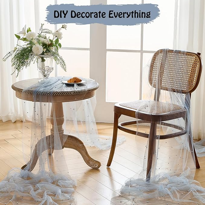 Fanami 6 Pack Pearl Table Runner -10FT Dusty Blue Boho Tulle Table Runners 120 Inches Long Rustic Sheer Lace Fabric Centerpieces for Wedding Arch Birthday Party Bridal Veil Baby Shower Decorations