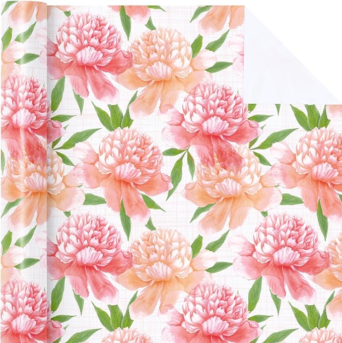WRAPAHOLIC Floral Wrapping Paper Roll - Mini Roll - 17 Inch x 33 Feet - Peach Flower Wrapping Paper, Perfect for Girls Women Birthday, Wedding, Bridal Shower