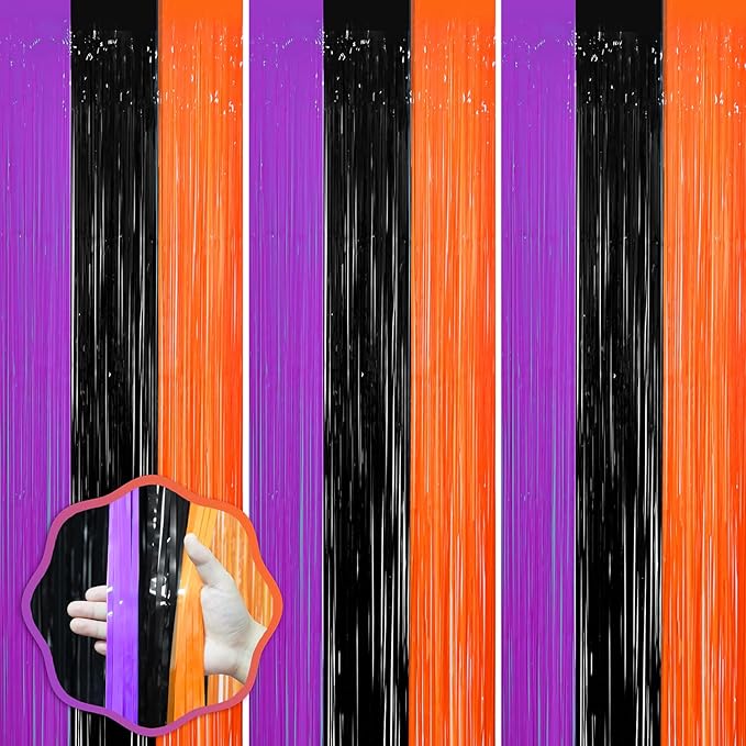 3 Pack 3.3 x 8.2 ft Halloween Foil Fringe Backdrop Curtains, Tinsel Streamers Party Decorations, Fringe Backdrop