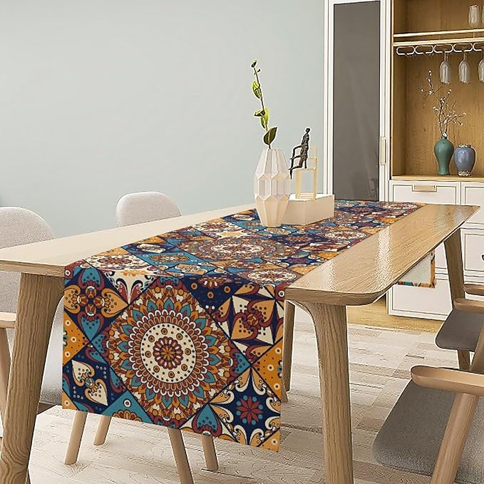 Vintage Mandala Table Runner, Bohemian Brown Blue Tile Traditional Indian Flowers Table Runner for Kitchen Dining Table Office Wedding Party Holiday Home Decor, 13x120inch
