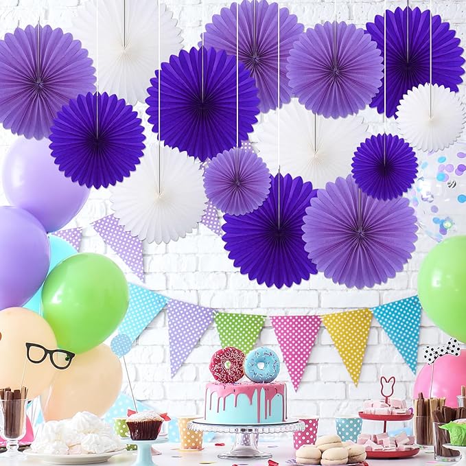 24 Pcs Purple and White Paper Fans Purple Party Decorations Classroom Decor Wall Background Ceiling Hanging Decoration for Birthday Wedding Baby Bridal Shower Engagement Party Decor