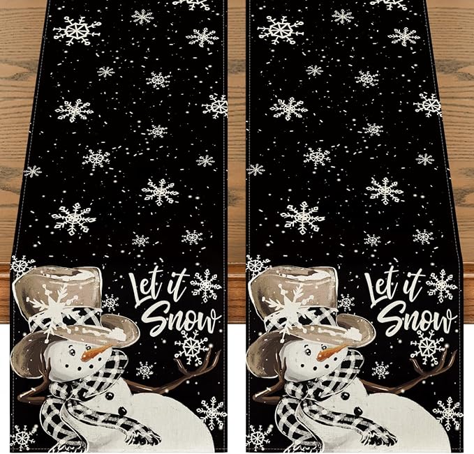 Artoid Mode Black Snowman Snowflake Let it Snow 2PCS Winter Table Runner, Christmas Kitchen Dining Table Decoration for Home Party Decor 13x72 Inch