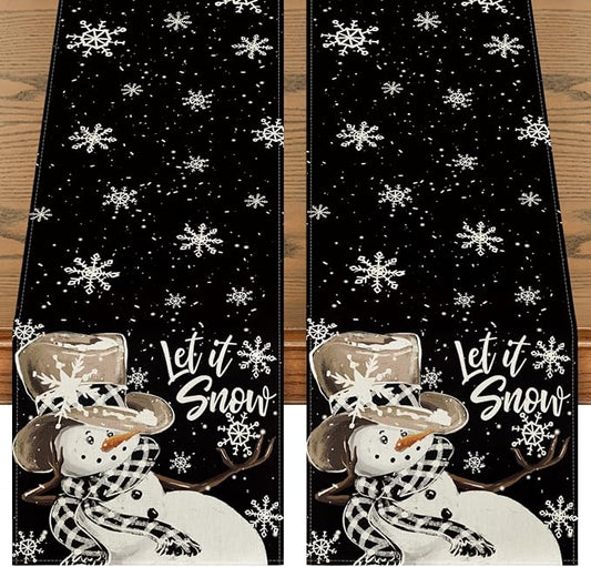 Artoid Mode Black Snowman Snowflake Let it Snow 2PCS Winter Table Runner, Christmas Kitchen Dining Table Decoration for Home Party Decor 13x72 Inch