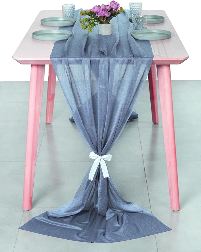MDS 10 Pack 10ft Chiffon Table Runner 29 x 120 Inches Sheer Wedding Runner Romantic Rustic Table Runner for Wedding Decorations, Birthday Parties, Bridal Shower Party Arch Decor - Dusty Blue