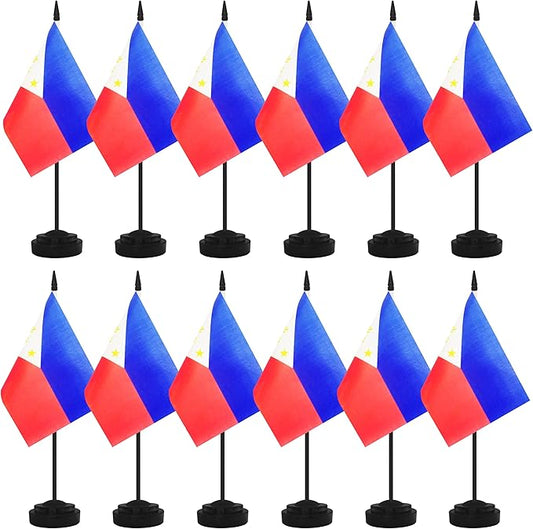 12 Pack Miniature Office Flags, Small Philippine Desktop Flags with 12" Black Pole and Base, Offices, Classroom, Home, Festival Decoration