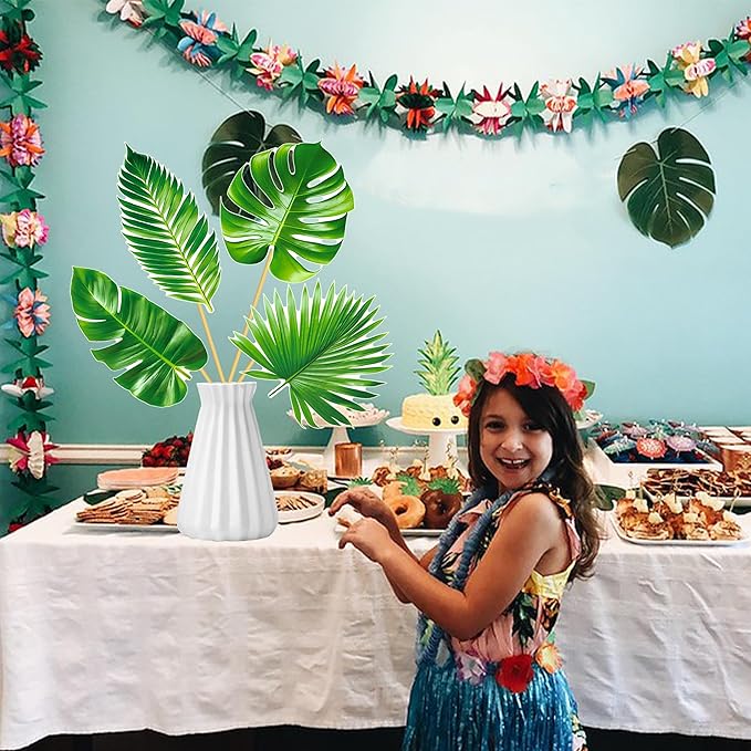 14pcs Palm Leaf Centerpiece Sticks Tropical Party Decorations for Table Green Leaves Theme Centerpieces Hawaiian Luau Party Decorations for Summer Jungle Theme Party Baby Shower Supplies