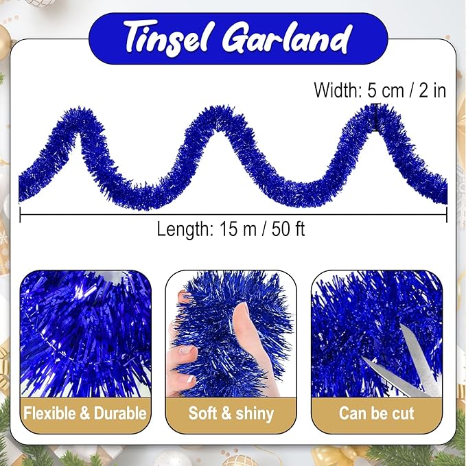 50 Feet Blue Christmas Tinsel Garland, Metallic Foil Twist Banner Wall Hanging Tinsel Streamers Backdrop for Parade Floats, Christmas, Mother's Day, Birthday Party Decorations(2in x 50ft)