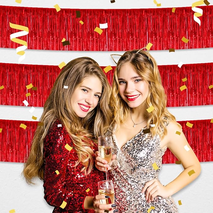 3 Pack 10 Long Red Metallic Foil Fringe Garland Wall Hanging Tassle Banner, Mother's Day, Easter, Parade Floats, Birthday, Theme Party, Wedding Party Decorations