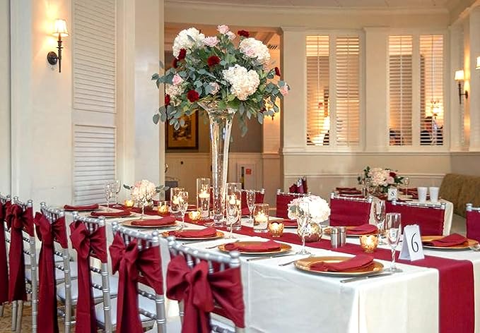 12 Pack Burgundy Satin Table Runner,12 x 108 inch Long Premium Smooth Table Runner for Wedding, Banquets, Birthday, Party, Graduation, Engagements,Table Runners fit Rectangle and Round Table