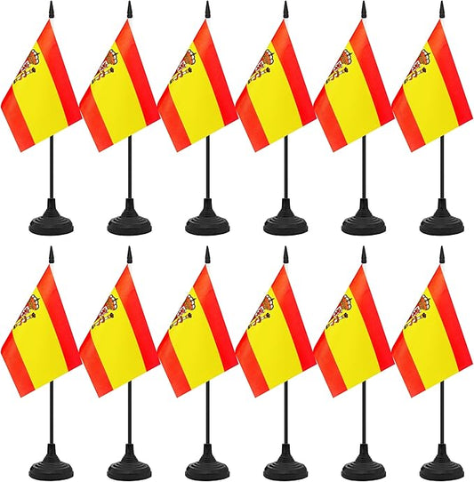 12 Pack Spain Desk Flag Set, Spanish Table Office Flag, Small Miniature Desktop Flag With Black Pole and Black Base, Classroom, Offices Meeting Desk Decoration (Spain)