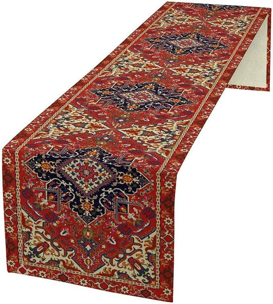 Boho Old French Table Runner, Vintage Red Beige Retro Flower Rustic Country Style Floral Print Pattern for Home Kitchen Table Decor Dining Coffee Room Garden Party Decor 13x36in