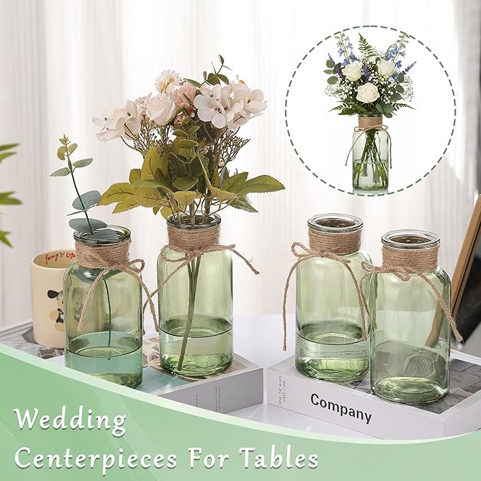 Green Glass Flower Vases for Centerpieces Set of 6, Mason Jars Boho Cylinder Bud Vases in Bulk, for Weddings Parties Vintage Home Decor