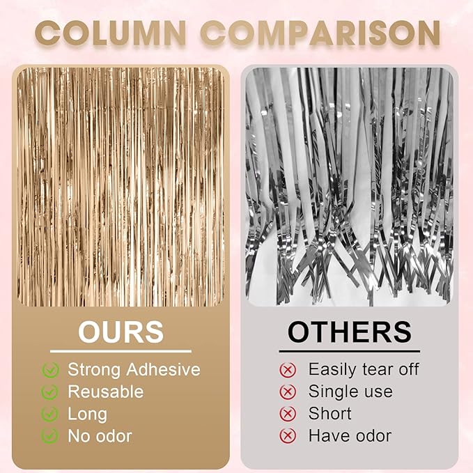 2 Pack Champagne Foil Fringe Backdrop Curtains, Tinsel Streamers Birthday Party Decorations, Fringe Backdrop for Anniversary, New Years, Birthday Party