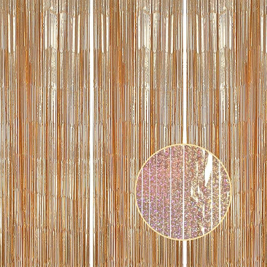 3 Pack Foil Fringe Backdrop - Laser Champagne Shiny Tinsel Curtains for Party Decoration/Photo Booth Props - 3.3x8.2 FT Metallic Foil Backdrop for Birthday, Wedding, Graduation, Christmas.