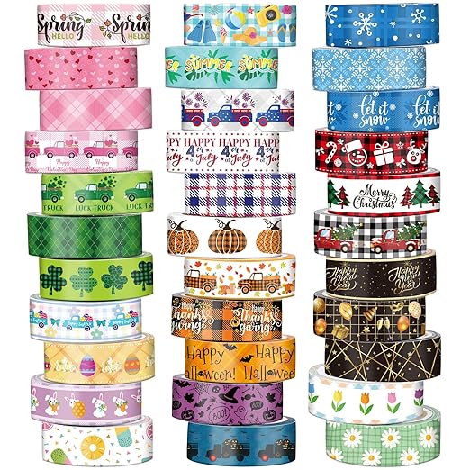 TaoBary 33 Rolls Holiday Plaid Washi Tape, 15 mm Seasonal Washi Tape Set Bohemian Colorful Vintage Cute for Card Wrapping Craft(Cute Style)