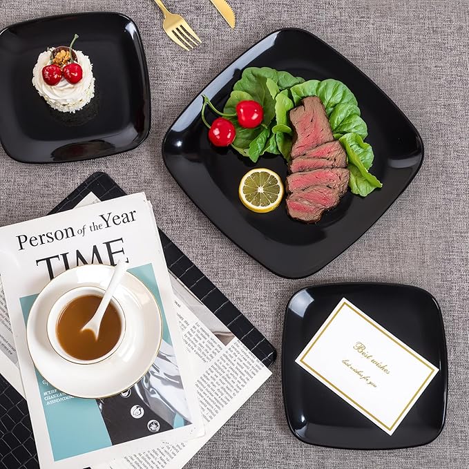 PULOTE 100 PCS Black Square Plastic Plates Disposable - Include 50 Each (10" Dinner & 7.25" Dessert) Plates - Ideal for Party & Halloween