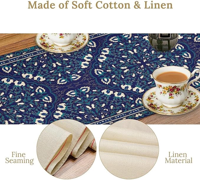Boho Floral Vintage Table Runner, Retro Morris Abstract Blue Flower Rustic Country Farmhouse Pattern for Home Kitchen Table Decor Dining Coffee Room Wedding Party Decor 13x90in