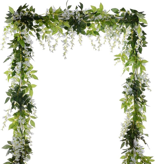 DearHouse 4Pcs 6.6Ft/Piece Artificial Flowers Silk Wisteria Garland Artificial Wisteria Vine Rattan Silk Hanging Flower for Home Garden Outdoor Ceremony Wedding Arch Floral Decor (White)