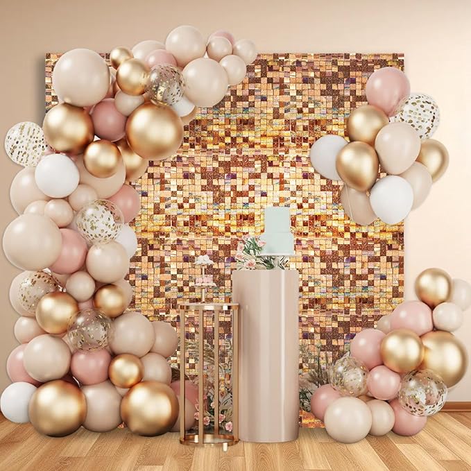 12PCS Champagne Shimmer Wall Backdrop, Laser Square Sequin Photo Backdrops Panel, Glitter Wall Background for Birthdays, Weddings, Christmas, Engagements, Disco Bachelorette Party Decoration (3FTx4FT)