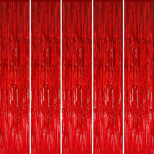 GOER 3.2 ft x 8.2 ft Metallic Tinsel Foil Fringe Curtains Party Photo Backdrop Party Streamers for Birthday,Graduation,New Year Eve Decorations Wedding Decor (5 Packs,Red)