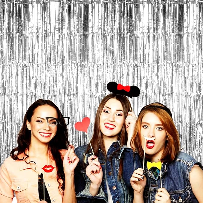 4 Pack Silver Foil Fringe Curtain Backdrop, 3.28Ft x 8.2Ft Metallic Tinsel Foil Fringe Streamer Curtains for Photo Booth Props, Birthday, Wedding, New Year’s, Christmas Decoration Party Supplies