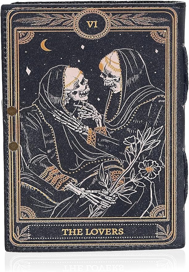 cuero C Book of Spells Leather Journal Deckle Edge Paper Grimoire Printed Journal The Lovers Tarot Notebook Spiral Gothic Notebook Skull lover Antique Vintage Leather Journals for Men and Womens
