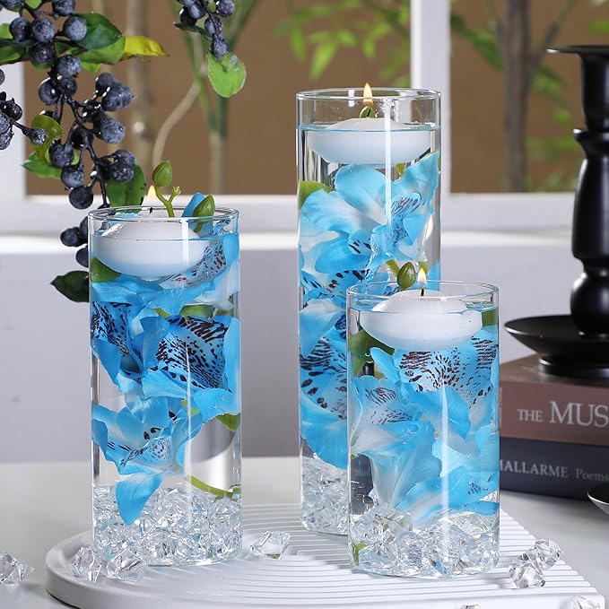20 PCS White Floating Candles and 16 PCS Glass Vases for Centerpieces with 400 Fake Ice Acrylic Rocks Vase Filler Floating Candle Centerpieces for Tables Party Wedding Home Decoration