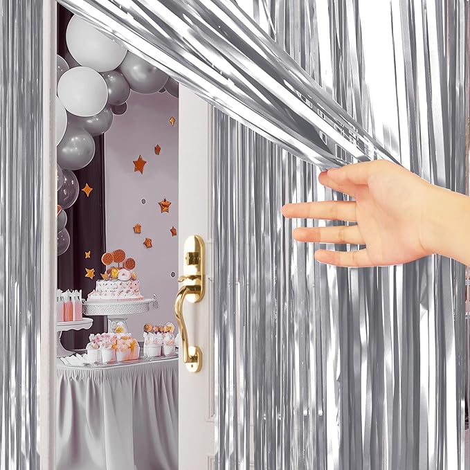 2 Pack Metallic Silver Fringe Backdrop, 3.2x8.2ft Shining Foil Tinsel Curtains, Birthday Party Decorations Door Streamers for Halloween, Christmas, Wedding, Graduation, Holiday, Theme Events
