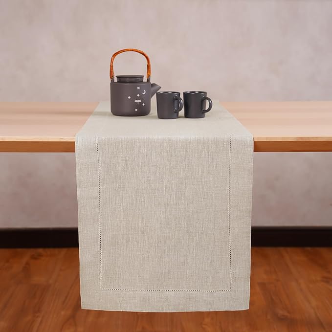 Linen Light Natural Table Runner 36 Inches - 100% Pure Linen Cloth Fabric Hemstitch Table Runner 14 x 36 Inch for Dining, Dresser, Thanksgiving, Fall Christmas - Lino