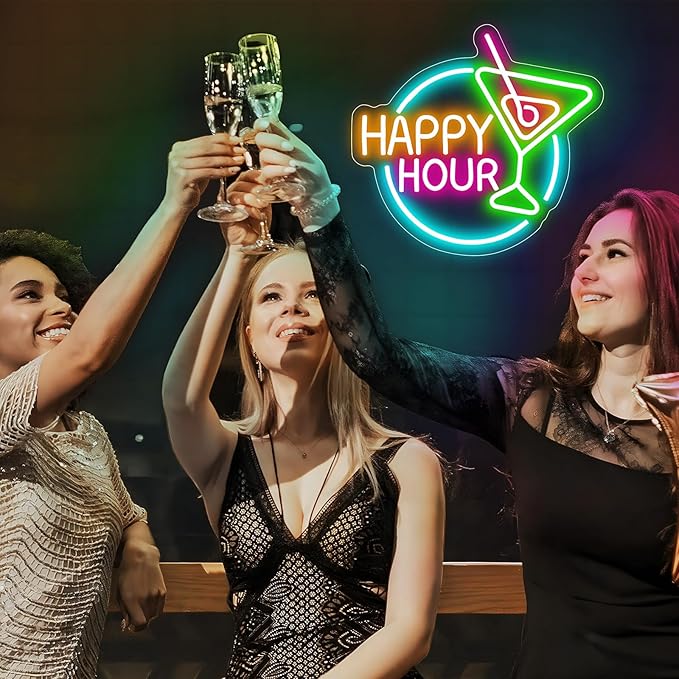 Happy Hour Neon Sign Dimmable Led Happy Hour Neon Bar Signs for Home Bar, USB Powered Bright Cocktails Happy Hour Neon Signs for Wall Decor Bar Pub Man Cave Party Art Decor(14.1*12.5inches)