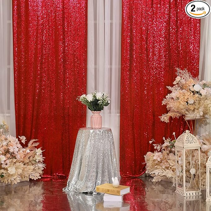 Red Sequin Backdrop Curtains,2ft x 8ft Sequin Photography Backdrop Curtain 2 Panels for Party Decoration, Red