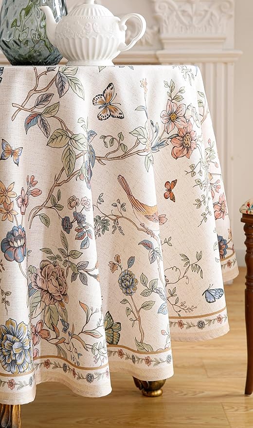 ISAENNE Designer French Light Beige Round Tablecloth,Linen Florals and Birds Pattern Table Cloth,Anti-Wrinkle Decorative Tablecloths for Dining Thanksgiving Kitchen,Diameter 67"-Cornucopia