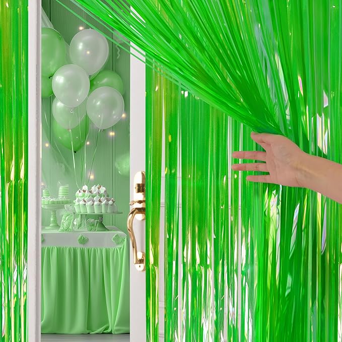 2 Pack Green Iridescent Streamers Backdrop, 3.3x6.6ft Foil Fringe Curtains Holographic Door Tinsel Streamers for Birthday, Wedding, Holiday, Bachelorette, Christmas Theme Party Decorations