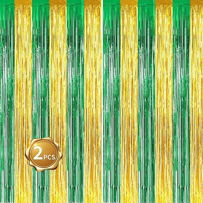 BEISHIDA 2Pcs Green Gold Door Streamers Congrats Grade 2025 Decoration Backdrop Foil Fringe Tinsel Party Streamers Curtains Backdrops for Birthday 2025 Graduation St Patrick's Day (3.28 ft x 6.56 ft)
