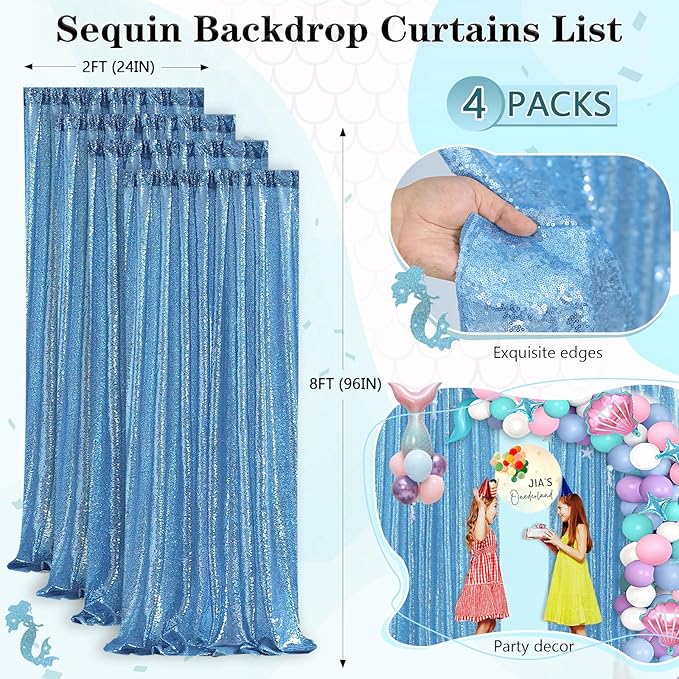 Baby Blue Christmas Backdrop Curtains 4 Pieces 2FTx8FT Sequin Photography Background Curtain for Party Decoration