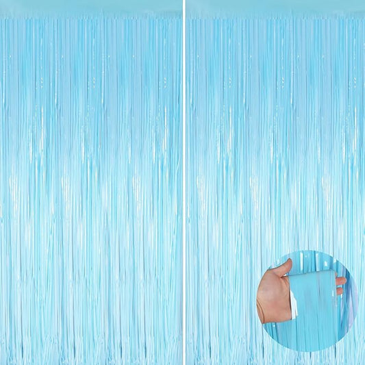 Macaron Light Blue Metallic Tinsel Foil Fringe Curtains, 2 Pack 3.3x8.3 Feet Party Streamer for Birthday Party Decorations, Halloween Decor, Foil Curtain for Bachelorette Party