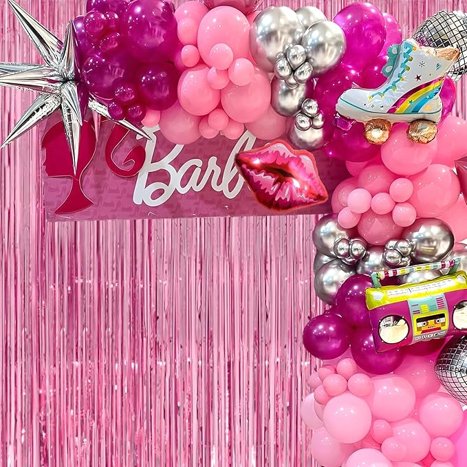 Pink Streamers - Thicken 4 Pack 3.2 x 8.2 FT - Pink Tinsel Foil Fringe Curtains, Photo Booth Props Backdrops for Birthday, Bachelorette, Graduation, Baby Shower Party Decorations