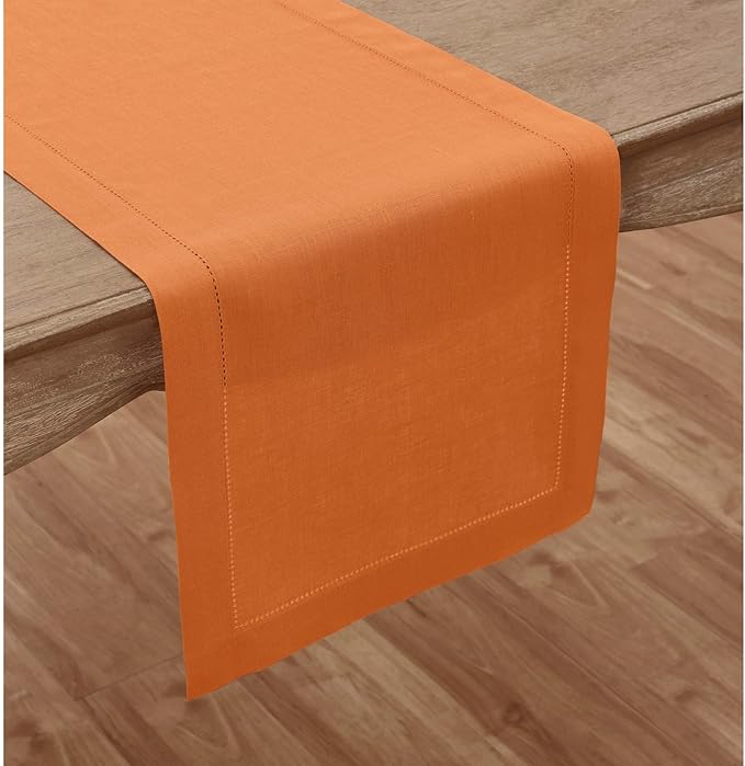 Solino Home Linen Hemstitch Table Runner 108 Inches Long - 100% Pure Linen Pumpkin Table Runner 14 x 108 Inch for Fall, Autumn, Halloween, Thanksgiving, Holiday - Classic Hemstitch
