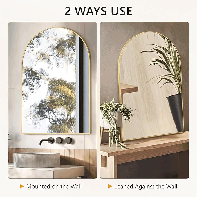 Arched Bathroom Mirror for Wall, Mirror for Vanity,30''x20'' Large Wall Mounted Mirror, Metal Frame (30''x20'', Gold)