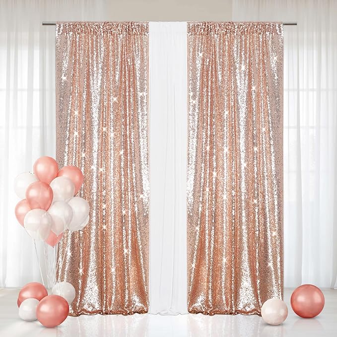 Eternal Beauty Rose Gold Sequin Backdrop Curtains, Valentine's Day Shimmer Back Drop 2Panels-2FTx8FT for Christmas, Party, Birthday, Photography, Wedding, Baby Shower Event Decoration