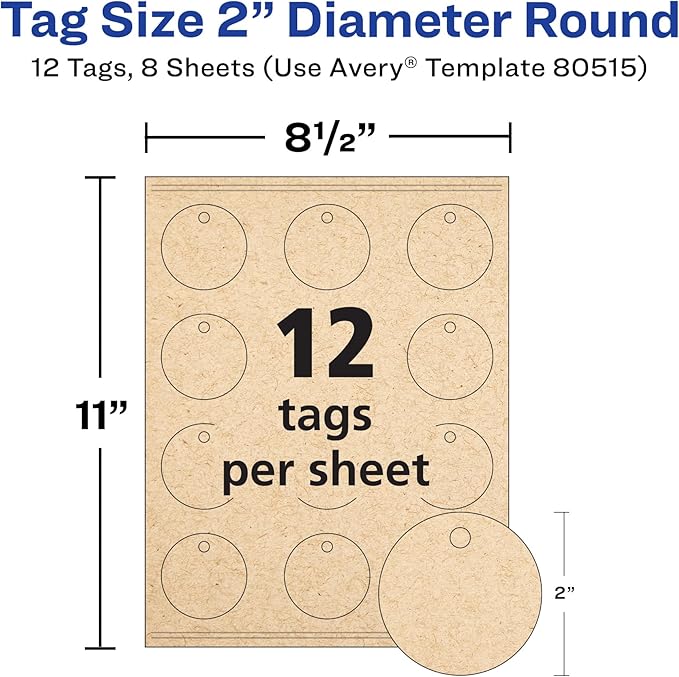 Avery Kraft Brown Round Tags, Sure Feed Technology, 2" Diameter, Printable on Both Sides, Includes Strings, 96 Total (80515)