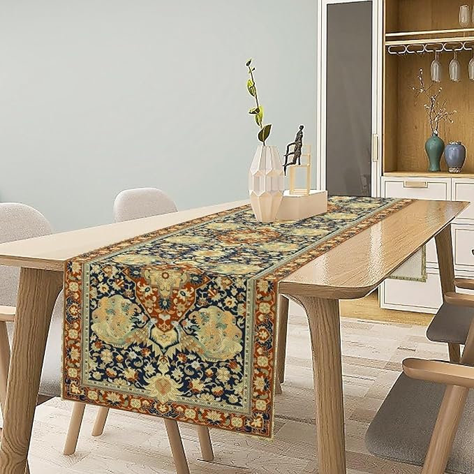 Vintage Boho Floral Table Runner, Elegant Luxurious Rustic Country Farmhouse Navy Blue Gold Retro Flower Pattern for Home Kitchen Table Decor Dining Coffee Room Party Decor 13x72in