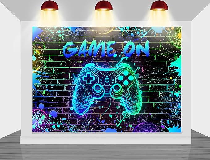 Mocsicka Game On Backdrop Video Game for Boys Level Up Birthday Party Decoration Game Night Arcade Neon Glow Gamer Banner Photography Background (Blue, 6x4ft(72"x48"))