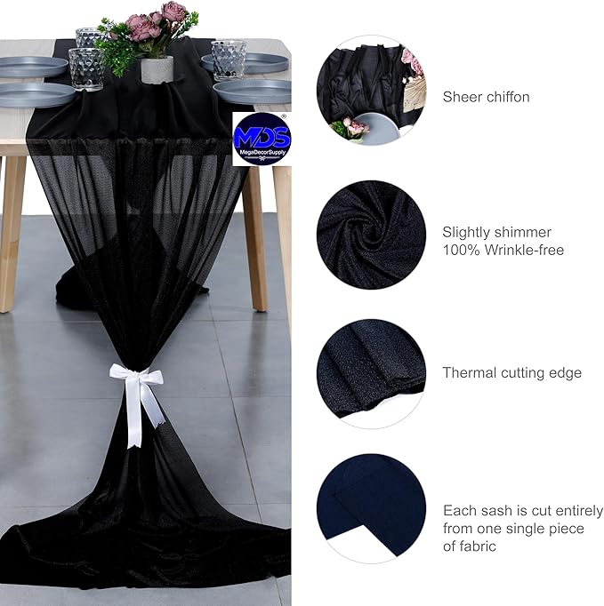 MDS 2 Pack 14ft Chiffon Table Runner 29 x 170 Inches Sheer Wedding Runner Romantic Rustic Table Runner for Wedding Decorations, Birthday Parties, Bridal Shower Party Arch Decor - Black