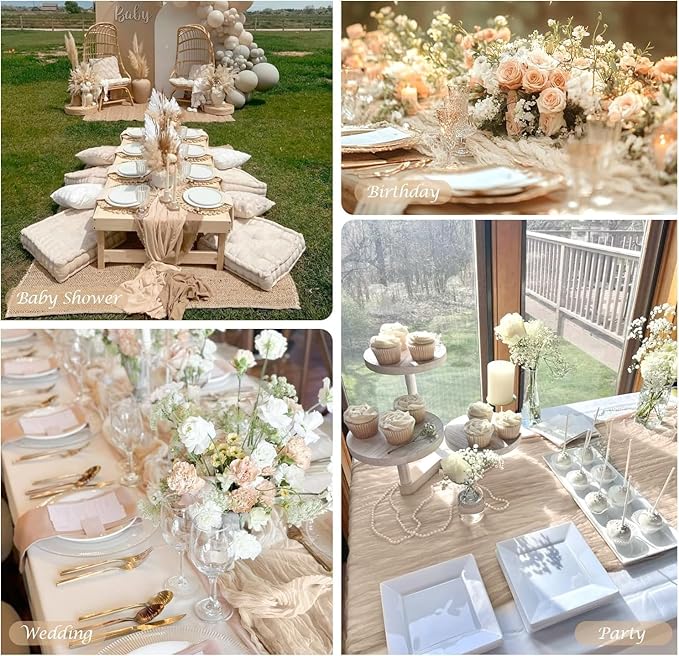 6 Pack Champagne Cheesecloth Table Runners Fall Thanksgiving Cheese Cloth Table Runner 10FT Boho Sheer Gauze Runner 35x120 Inches Long for Bridal Shower Wedding Baby Shower Party Decor